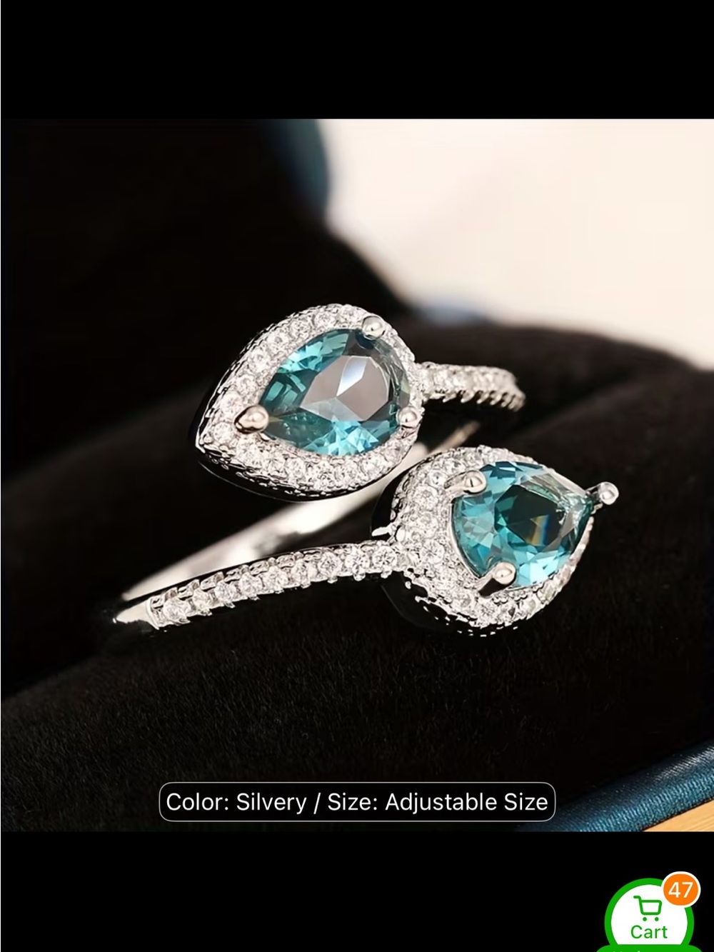 Sterling Silver Teardrop Blue Crystal Adjustable Ring